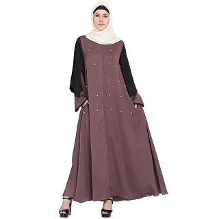 Designer abaya with double sleeves- Plum brown and black
